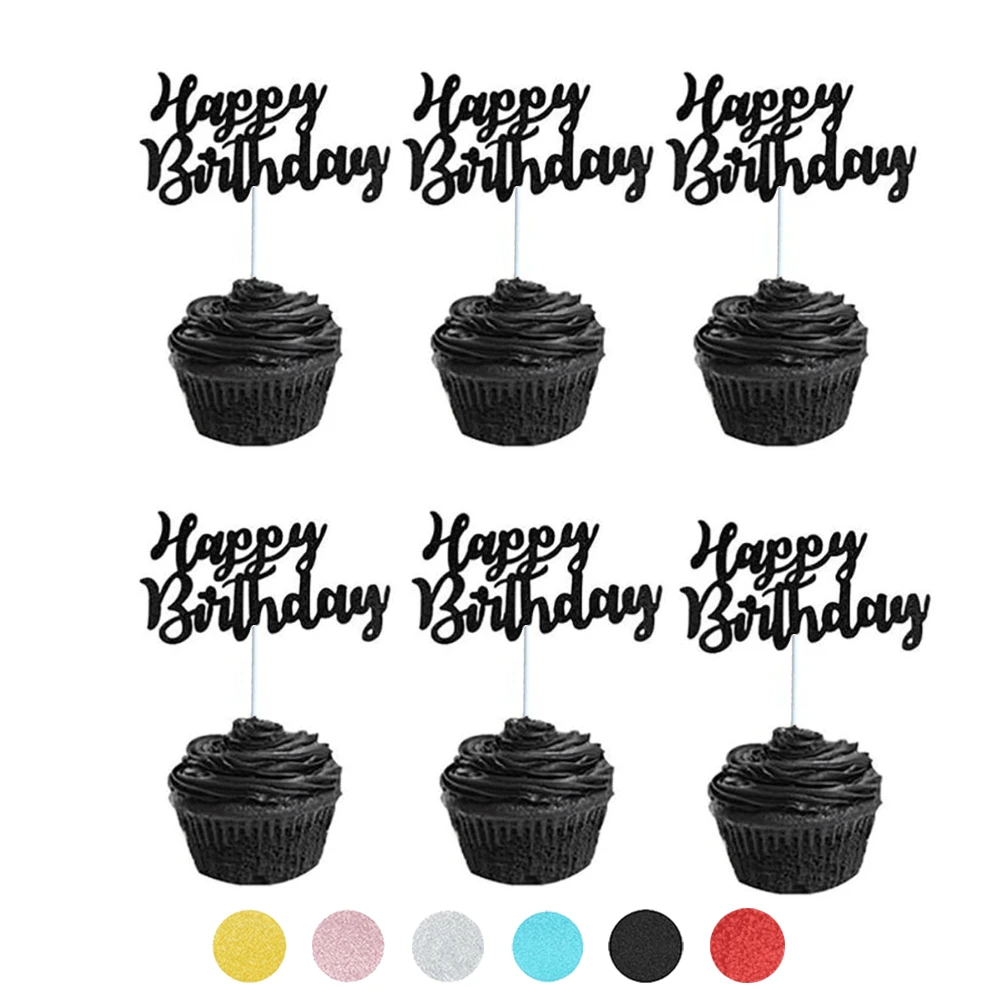 12PCS Glitter Happy Birthday Cupcake Toppers - Birthday Cake Topper Picks Dessert Topper Decoration For Birthday Party Anniversary Celebration - Shinning Black Rose Golden Silver Blue Red