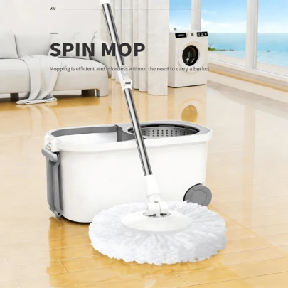 Een roterende dweilset die niet hoeft te worden gewassen, met een absorberende dweilkop van vezels met hoge dichtheid, een roestvrijstalen dweilmand, geschikt voor diverse vloertypen en voorzien van een gebruiksvriendelijke telescopische steel.