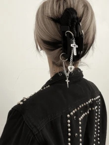 Dark Niche Design Leather Claw Clip Tassel Chain Cross Hair Claw Elegant Hair Clip Hairpin For Women - Black - View 1