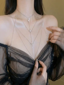 1pc Zirconia Geometric Multi-Layer Necklace, Minimalist Unique Personalized Charm Necklace, Elegant Body Chain Jewelry - Necklace - View 7