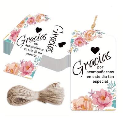 50/100 piezas Etiquetas en español "Gracias por estar con nosotros en este día especial", vienen con cuerda de yute, adecuadas para bodas, bautizos, ceremonias de mayoría de edad, graduaciones, celebraciones del primer mes del bebé, festivales y talla grande