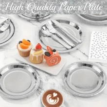 一套一次性银色纸质餐具，用于餐桌装饰，包含7英寸/9英寸圆形铝箔甜点盘和餐巾纸，派对用品，适用于生日、圣诞节、婚礼、家庭聚会、节日、新年等场合。 - 銀色 - 查看 4