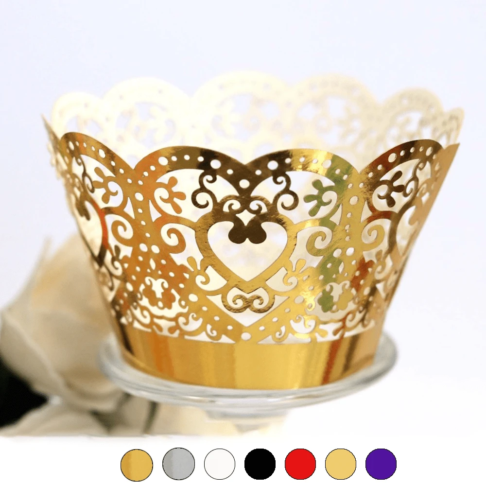 50pcs Heart-Shaped Vine Lace Cupcake Wrappers, Laser Cut Gold Heart Cupcake Liners, Suitable For Wedding, Birthday, Valentine's Day, Afternoon Tea Party Decoration And Any Special Occasion - Multicolor - View 1