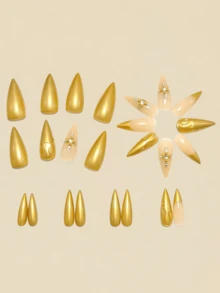 24pcs 3D Embossed Gold Striped Rhinestone French Fake Nails, Y2K Style Nail Art Supplies - Gold - View 3