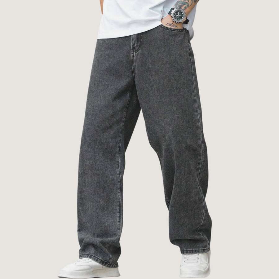 Balloon Pants, Men's Baggy Wide-Leg Jeans, Streetwear, Graphite Gray - Xám than chì - Xem 1