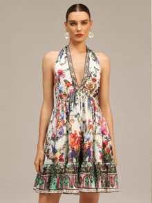 Sexy Backless Short A-Line Dress, Women's Printed Dress, Bohemian Style Suitable For Vacation Travel Elegant Party Summer - Multicolor - View 1