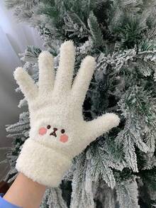 1双 时尚冬季毛绒五指手套，女士保暖防寒手套，户外骑行刺绣可爱户外骑行手套/连指手套