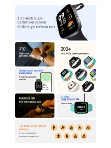 The Xiaomi Redmi Watch 3 Is Equipped With A 1.75-Inch AMOLED Continuous Display Screen, Bluetooth Calling Function, 121 Types Of Sports Modes, 5-Meter Water Resistance, Heart Rate/Blood Oxygen Monitoring, NFC Function For Gyms, And A Built-In 289mAh Battery, Making It A Smart Sports Watch That Can Last For 12 Days And Is Suitable For Both Men And Women. - Multicolor - View 8