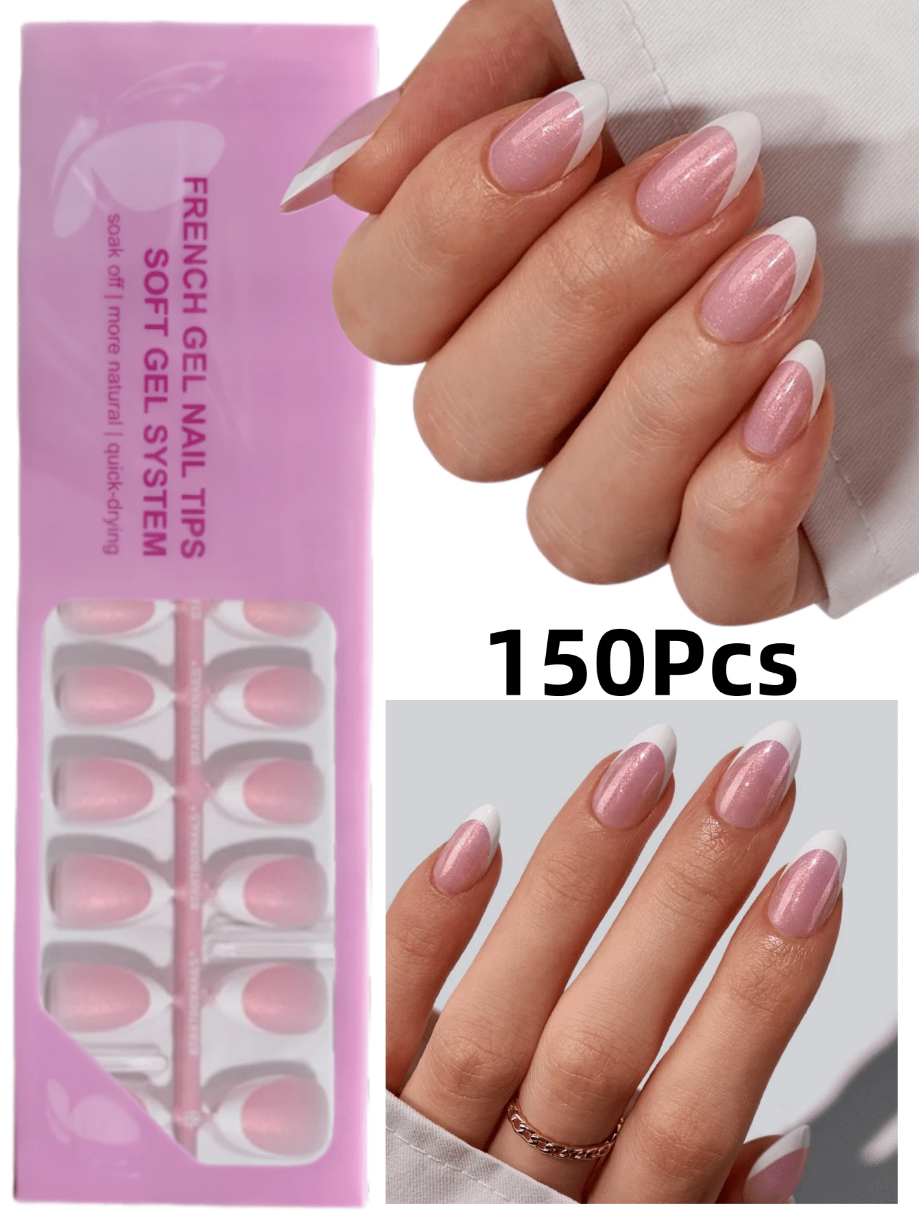 150 miếng dán móng tay kiểu Pháp - Màu hồng lấp lấp lánh, hình dáng ngắn, chất lượng salon, làm từ gel mềm, có thể tháo rời, 15 kích cỡ khác nhau.