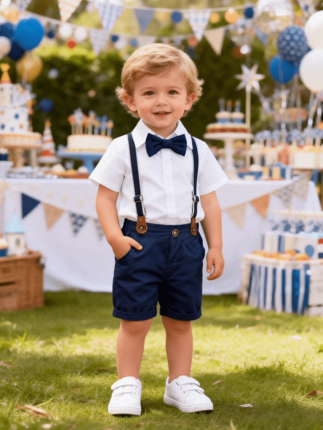 Young Boy Bow Front Shirt & Suspender Shorts