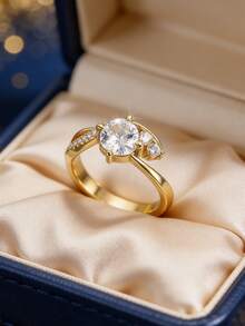 Anello placcato oro con zirconia cubica, design minimalista a braccio attorcigliato micro-intarsiato, adatto per uso quotidiano/casual versatile, un regalo di compleanno alla moda - Dorato - Visualizzare 3