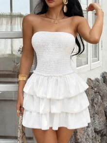 Unadoll 女士夏季可爱优雅无肩带褶皱上身层叠荷叶边下摆白色迷你连衣裙度假约会装 - 白色 - 查看 11