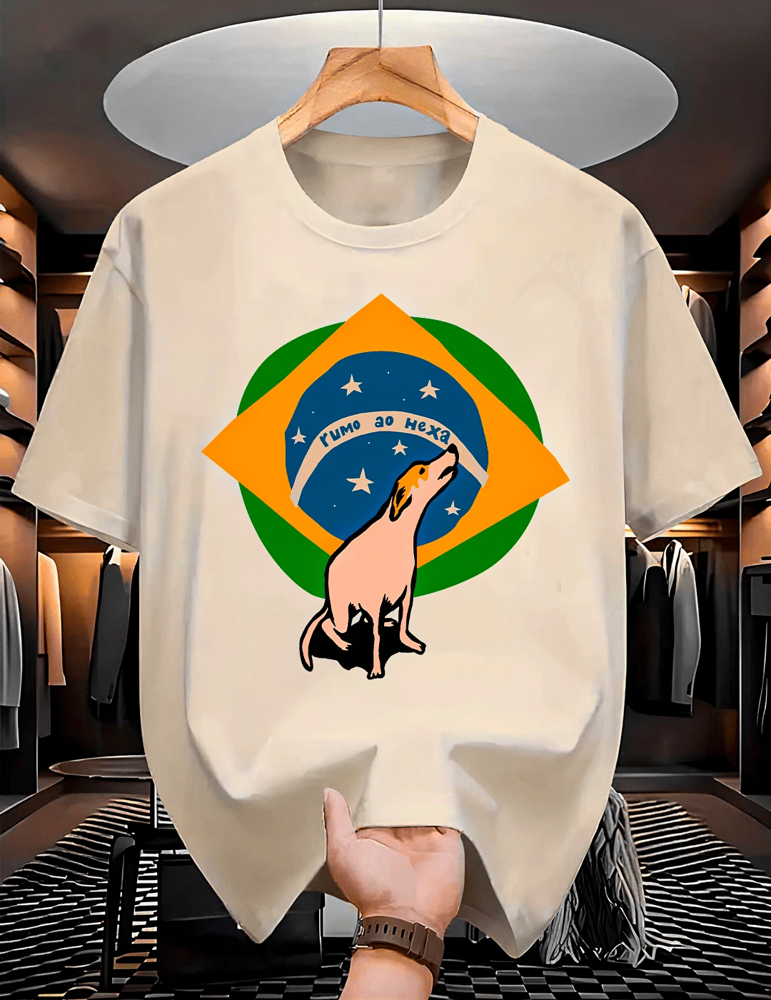 "Road To The Sixth Title" Brazil World Cup T-Shirt, Caramel Dog Design, Men's And Women's, 100% Cotton - 米色 - 查看 1
