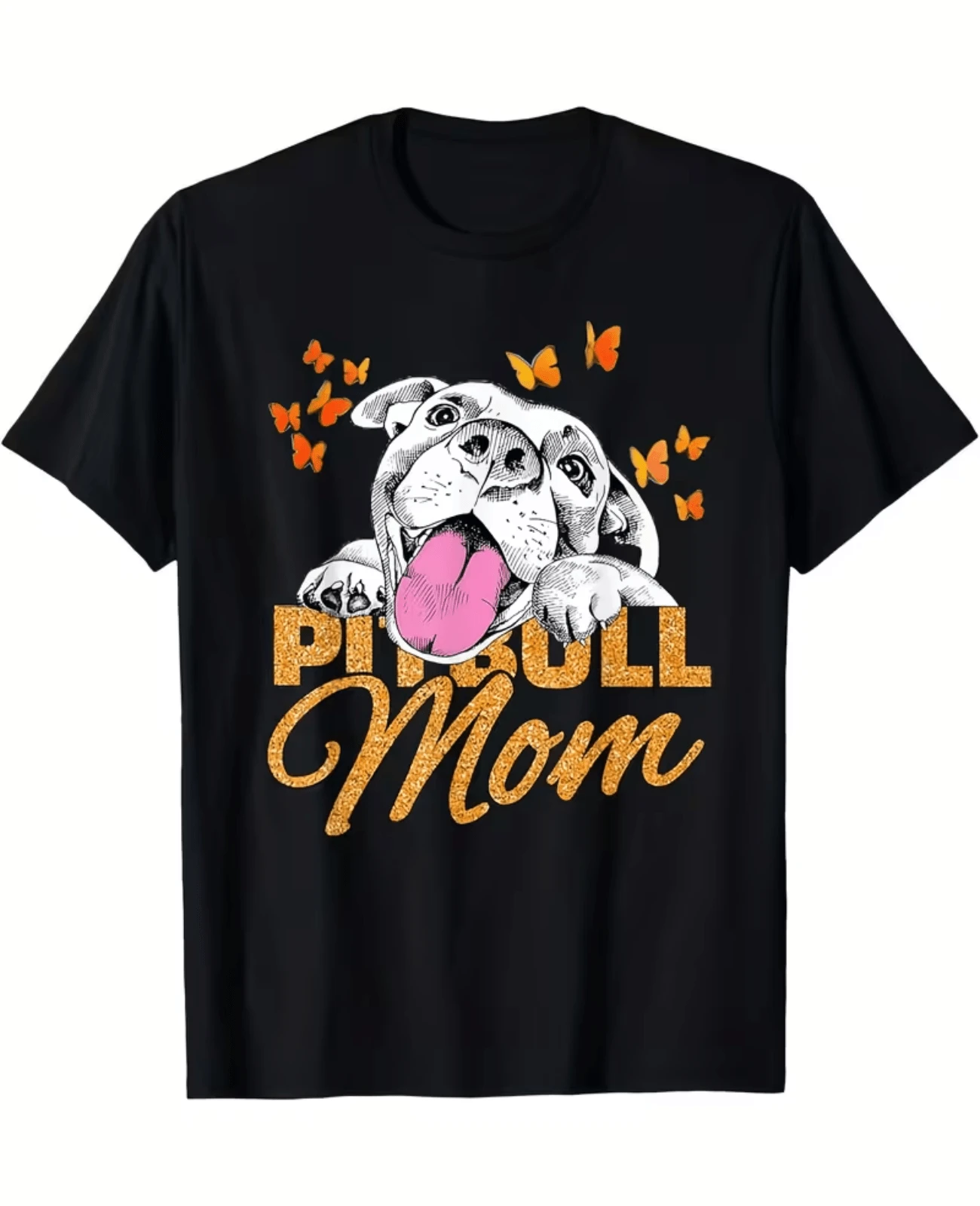 Women'S Pitbull Mom Graphic T-Shirt - Cute Pitbull & Orange Lettering Dog Lover Tee, Soft Retro Crew Neck Short Sleeve Shirt With Drop Shoulder, All-Season Casual Wear For Pet Owners, Perfect Gift For Pitbul - 黑色 - 查看 1