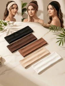 1/5条装女士波西米亚风防滑发带，适合瑜伽、跑步、健身和洗脸 - 柔软弹力吸湿排汗纯色休闲发带，四季皆宜，女士女孩发饰（棕色）头巾 - 彩色 - 查看 2