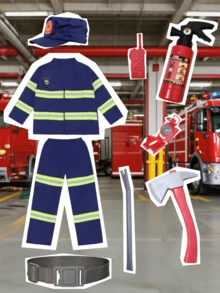 8件套儿童消防员服装，男女通用，包含全套配件，适合生日、万圣节派对装扮 - 彩色 - 查看 3