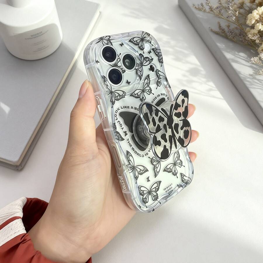 1pc Fashionable English Text & Butterfly Pattern Transparent Wavy Cream Phone Case, Suitable Compatible With Iphone 17 17 Pro 17 Pro Max 17 Air 16 15 14 13 12 11 / S25 24 23 22 Ultra A52 A53 A54 A55 A56 07 A17 / OPPO / REDMI Phone Models, Anti-Fingerprint, Shock-Proof, Drop-Proof Phone Case - Clear - View 1