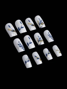 Sanrio 24pcs/Set Classic Jade White Matte Texture Navy Blue Tree Leaf & Gold Foil & Wheat Ear & Branch Pattern Simple Ins Style Square False Nails With 1pc Jelly Glue & 1pc Nail File Press On Nails Nail Supplies - Multicolor - View 5