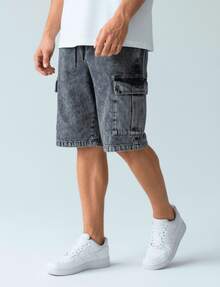 Men's Streetwear Cargo Shorts, Wide Leg, Baggy Style, Graphite Marble Pattern - 灰色 - 查看 7