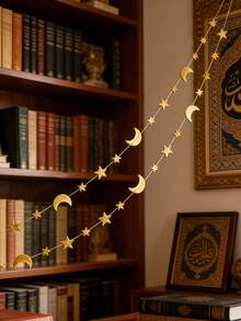 1pc Gold Moon & Star Floral Wreath, Hanging Paper Garland Decor, Boho Style Party Decoration, Suitable For Bedroom, Living Room, Nursery, Boho Theme Events, Holidays, Wall Hanging - Multicolor - View 7