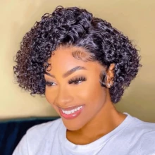 HJ WEAVE BEAUTY Pixie Cut Wigs Human Hair 100% 13x4 Melted Skin Lace Wig Side Part Curly Wigs Brazilian Jerry Curl Short Bob Wigs For Women Natural Black Color 180 Density - SPure Natural - Xem 5