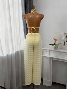 Bộ bikini 3 mảnh chấm bi gợi cảm mới, áo tắm jacquard buộc dây kiểu bohemian, quần short chấm bi vàng, thích hợp cho kỳ nghỉ biển, tiệc bể bơi, lễ tốt nghiệp, tiệc sinh nhật và các dịp khác vào mùa xuân và mùa hè. - Màu vàng - Xem 3