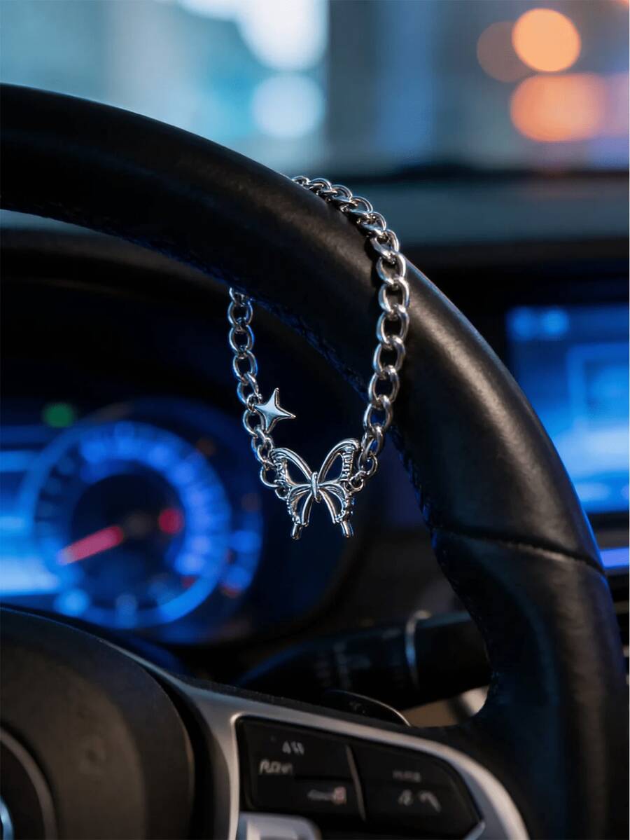 Dây treo vô lăng hình bướm bạc, trang trí nội thất xe hơi, phụ kiện xe hơi dễ thương, đồ trang trí treo xe, trang trí xe hơi độc đáo.