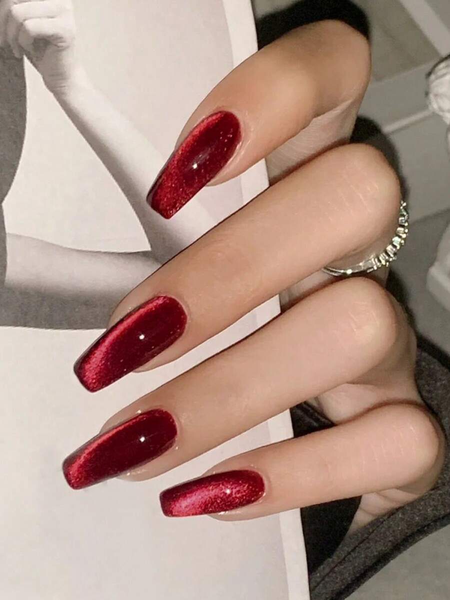 24片长棺材形红色猫眼美甲贴片，12种尺寸，可重复使用软胶假指甲套装，含果冻胶和指甲锉，女士美甲礼物 - 紅色 - 查看 1