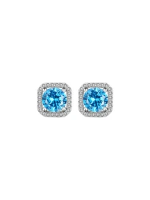 Pendientes de botón de plata esterlina S925 con moissanita cuadrada totalmente engastada, diseño elegante y minimalista, adecuado para uso diario, viajes al trabajo y fiestas de la mujer, viene con una caja de regalo delicada - Diamante azul plateado - Ver 4