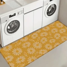 1pc Daisy Pattern Printed Linen Kitchen Rug, Doormat, Bath Mat, Hallway Mat, 3D Floral Rectangle Carpet For Living Room, Bedroom, Corridor, Bathroom, Laundry Room - Polyester, Indoor Outdoor Home Decor - Coffee Brown - View 5
