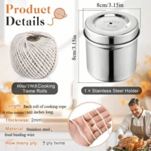 70米不锈钢储物罐，配有耐用烹饪绳，适用于捆扎火鸡、烘烤、烘焙和厨房食品准备，结实耐用的食品绳套装