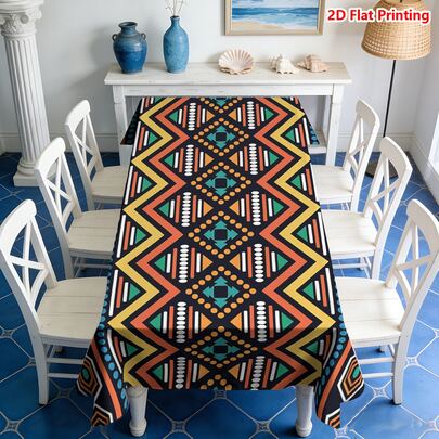 1/20pcs Bohemian Style Tablecloth With Geometric Diamond And Serrated Pattern In Orange, Yellow, Green And White, Versatile For Rectangular Dining Tables, Suitable For Home, Kitchen, Outdoor Picnic, Wedding And All Seasons, Easy Care