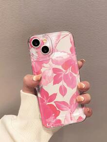 1pc French Retro Oil Painting Texture Thick Brush Stroke Pink Abstract Floral & Layered Leaf Illustration Transparent Soft Silicone Shockproof Anti-Yellowing Slim Phone Case Compatible With Apple Phones - Multicolor - View 2