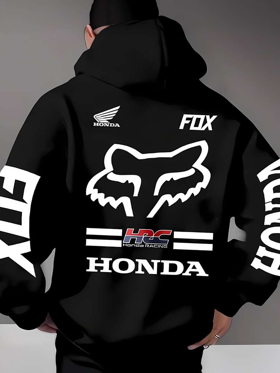 Fox Racing Graphic Black Hoodie Print Fashion Casual Men Hoodies Oversized Comfortable Streetwear Pullover Hooded Sweatshirt For Men Retro Graphic Design Long Sleeve Hoodie - 暗黑色 - 查看 1
