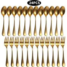 2/6/12/24 piezas Juego de cucharillas de té y tenedores de postre de acero inoxidable - Elegantes cucharas de café, cucharas de postre, tenedores de pastel, tenedores de fruta - Pulido espejo premium, apto para lavavajillas - Juego de cubertería perfecto para el hogar, la cocina, la cafetería, el té de la tarde, San Valentín, la boda y la fiesta de cumpleaños - Dorado - Ver 12