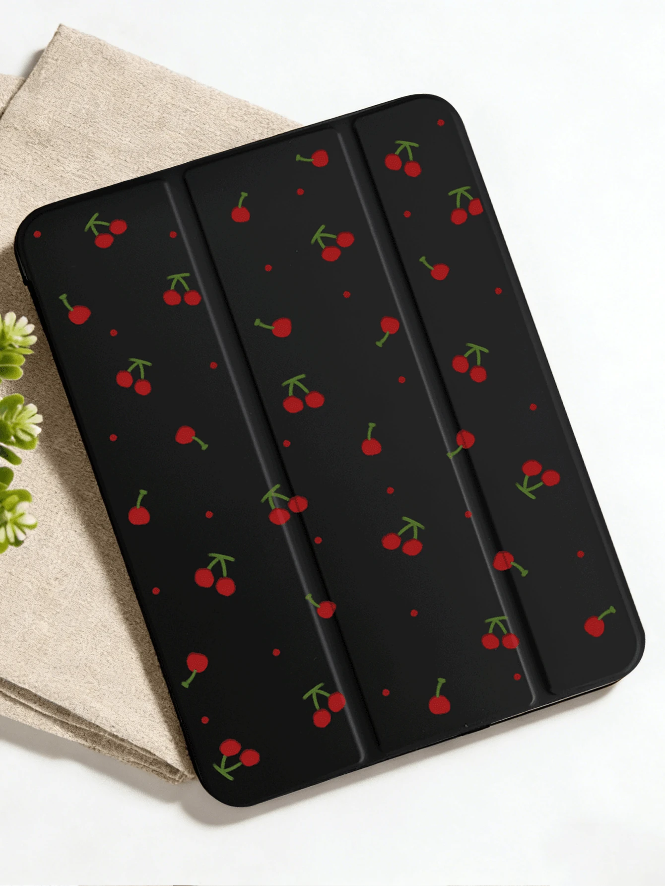 Cherry & Minimalist Pattern Tablet Protective Case, Suitable Compatible With Ipad 9.7/10.2/10.5/10.9/12.9/Pro 11 (10th Gen), Galaxy Tab S6 Lite 10.4, Provides Soft Shock-Proof Protection, Supports Smart Stand/Auto Wake/Sleep Function (Black) - Black - View 1