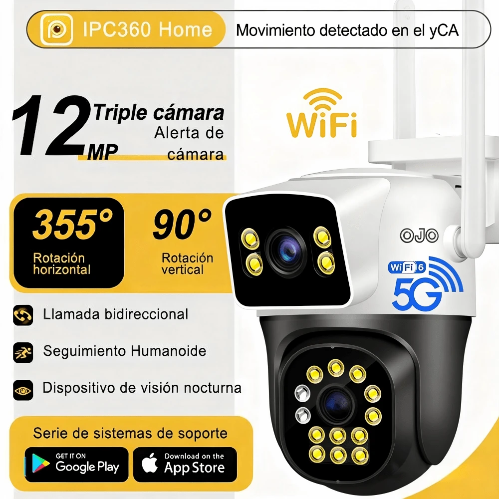 1pc Cámara de Vigilancia Blanca, 12MP Doble Lente 2 Pantallas, WiFi Dual 2.4G/5G, Zoom 12X, Seguimiento Automático, IP66 Impermeable, Visión Nocturna Color, Audio Bidireccional, para Hogar/Patio/Jardín, Ideal para Familias/Propietarios, Adaptador + Manual en Español