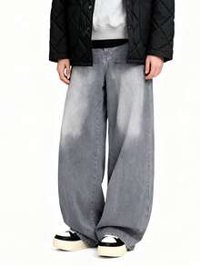 1 pieza Jeans holgados de hombre con lavado vintage (Cinturón y accesorios no incluidos) - Gris - Ver 4