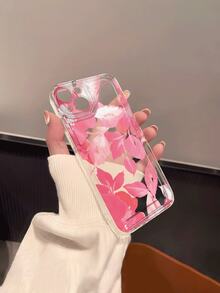 1pc French Retro Oil Painting Texture Thick Brush Stroke Pink Abstract Floral & Layered Leaf Illustration Transparent Soft Silicone Shockproof Anti-Yellowing Slim Phone Case Compatible With Apple Phones - Multicolor - View 7