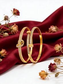 2 piezas - Juego de pulsera de cobre chapado en oro y pulsera de acero inoxidable, completamente incrustado con piedras de circonita. El diseño anudado y apilado de circonita es perfecto para que las mujeres lo usen todos los días, agregando un toque de sofisticación. - Oro 5 - Ver 6