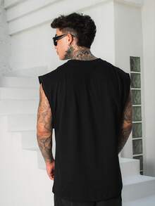 DMUNIZ Oversized Tank Top, Crew Neck, Streetwear, Printed Chest, 100% Cotton, New Release - 黑色 - 查看 3