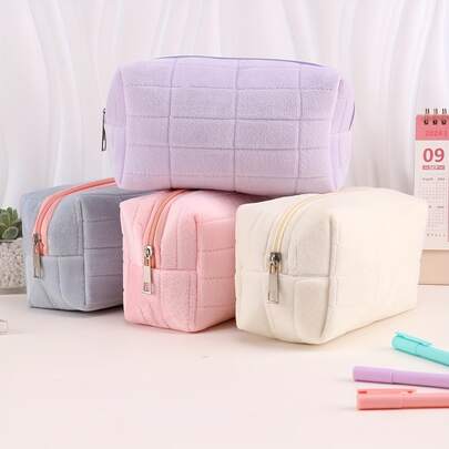 Soft Plaid Cosmetic Bag, Large Capacity, Japanese-Style Minimalist Travel Makeup Organizer Bag With Zipper, Odorless Quilted Pouch, Suitable For Women And Students, Multi-Functional Storage Bag For Brushes And Toiletries, Gift Choice, 4 Colors Available