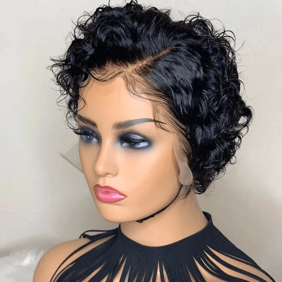 HJ WEAVE BEAUTY Pixie Cut Wigs Human Hair 100% 13x4 Melted Skin Lace Wig Side Part Curly Wigs Brazilian Jerry Curl Short Bob Wigs For Women Natural Black Color 180 Density - SPure Natural - Xem 1