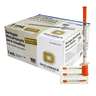 Kit com 100 - Seringa de Insulina 30g 1mL Agulha Fixa 8x0,30mm