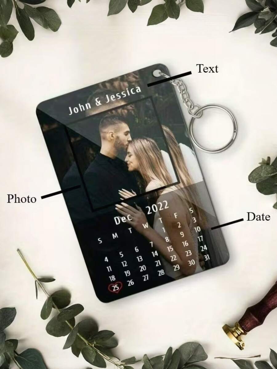 1pc Personalized Photo/Text Keychain, Customized Calendar Keychain, Couple Keychain With Photo Frame, Organic Glass Music Keychain Gift For Boyfriend/Girlfriend, Anniversary, Valentine's Day, Special Occasions
