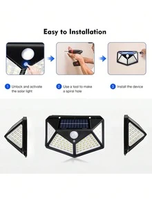 1/2/4 chiếc, 5000 Lumen, Năng lượng mặt trời, 3 chế độ chiếu sáng, Đèn tường năng lượng mặt trời cảm biến chuyển động PIR ngoài trời, Đèn năng lượng mặt trời chống nước 4 mặt 100 LED - màu đen - Xem 10