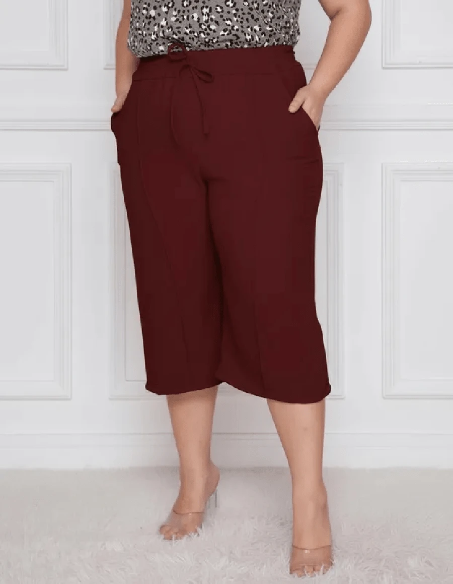 Women's Plus Size Pantacourt Trousers. Lightweight And Breathable Fabric With A Natural Texture. Summer Fashion. - Burgundy - View 1