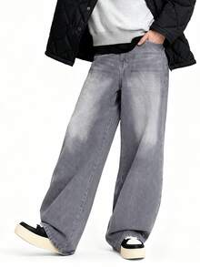 1 pieza Jeans holgados de hombre con lavado vintage (Cinturón y accesorios no incluidos) - Gris - Ver 3
