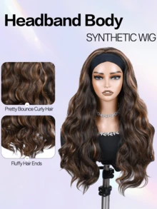 长款波浪卷发箍假发，棕色挑染金色，无胶机织发箍假发，耐热合成纤维，适合、白人女性日常佩戴或参加派对。 - 挑染棕色 - 查看 4