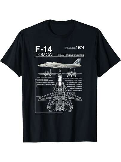 Camiseta con diseño de avión de combate naval F-14 Tomcat - Diseño de aviación con aeronave F-14 y letras, camiseta de cuello redondo de manga corta casual para entusiastas de la aviación, uso casual de verano o eventos temáticos